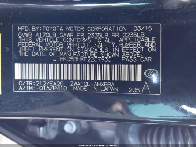 JTHKD5BHXF2237930 Lexus CT 200H