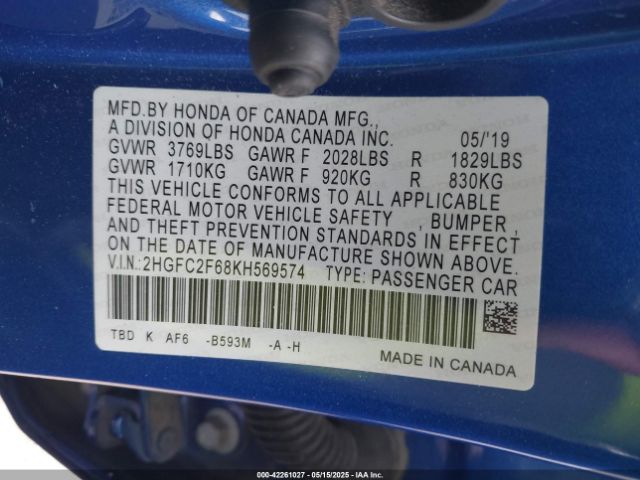2HGFC2F68KH569574 Honda Civic Lx