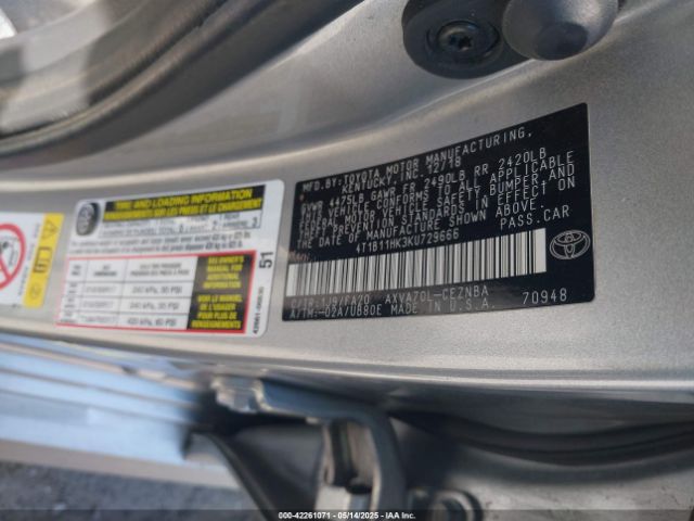 2019 TOYOTA CAMRY 4T1B11HK3KU729666 Photo 8