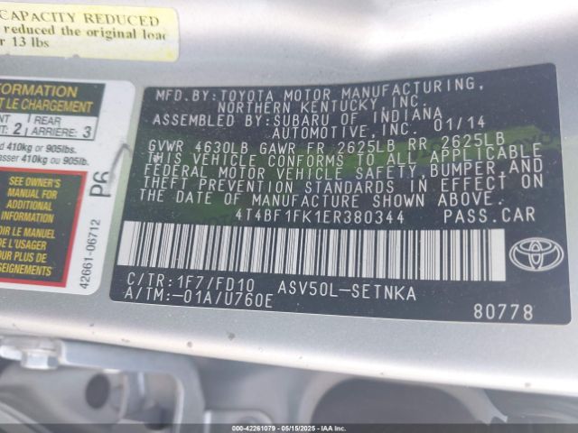 4T4BF1FK1ER380344 Toyota CAMRY LE