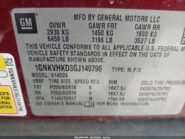 1GNKVHKD3GJ149796 Chevrolet Traverse 2lt