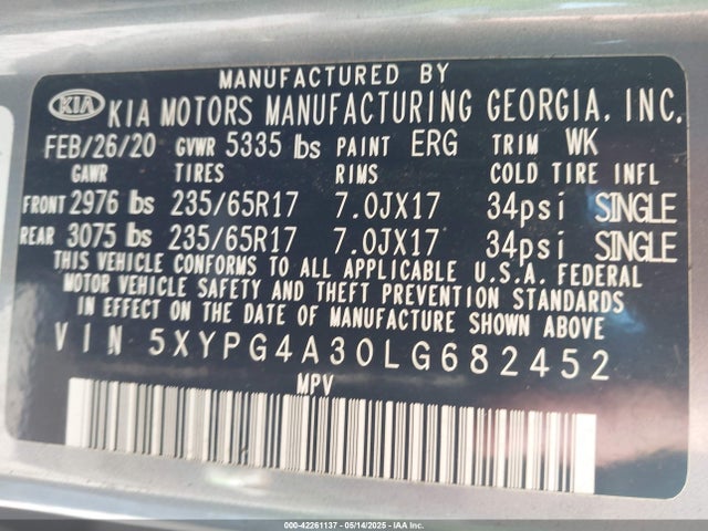 5XYPG4A30LG682452 KIA Sorento 2.4l Lx