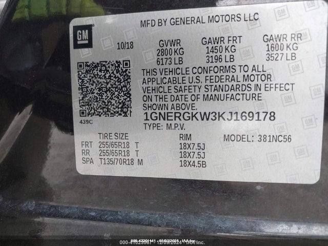 1GNERGKW3KJ169178 Chevrolet Traverse 1lt