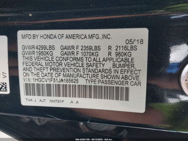 1HGCV1F51JA165625 Honda Accord Ex-l