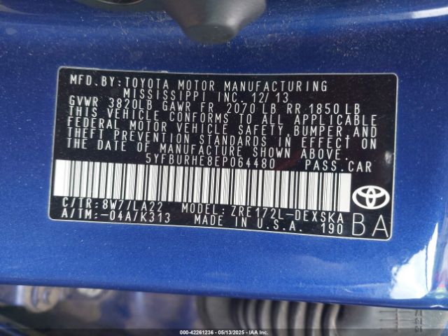 5YFBURHE8EP064480 Toyota Corolla S Premium