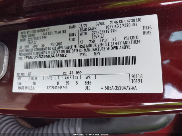 1FMCU9BZ9MUA15592 Ford hev/phev