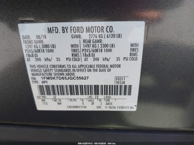 1FM5K7D85JGC55627 Ford EXPLORER XLT