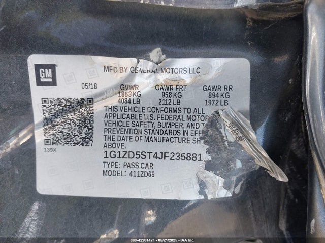 1G1ZD5ST4JF235881 Chevrolet lfv - direct injection, variable valve timing, gen 1