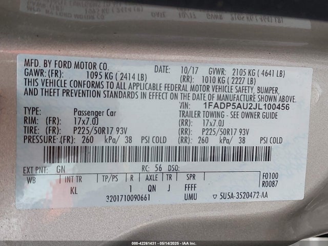 1FADP5AU2JL100456 Ford 2.0l atk ivct hev