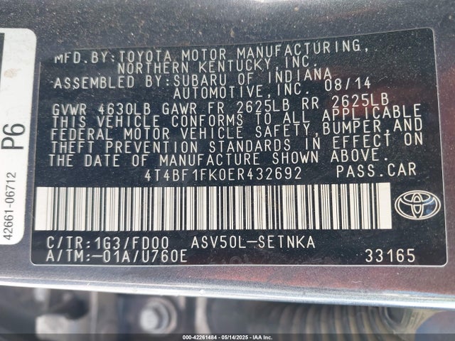 4T4BF1FK0ER432692 Toyota 2ar-fe