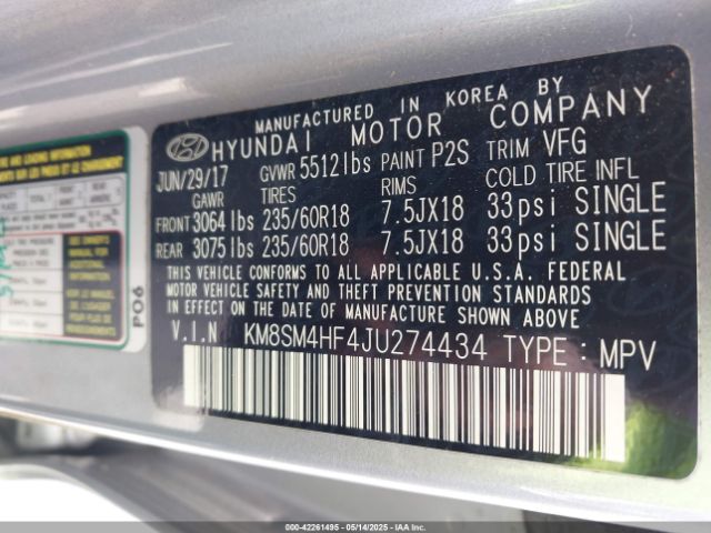 KM8SM4HF4JU274434 Hyundai Santa Fe Se