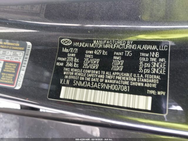 5NMJA3AE9NH007081 Hyundai TUCSON SE