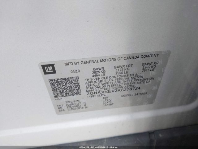 2GNAXKEV2K6278724 Chevrolet lyx - direct injection, vvt, fgt, turbo, alum, gen1