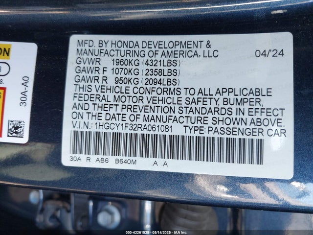 1HGCY1F32RA061081 Honda l15be