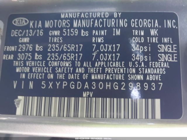 5XYPGDA30HG298937 KIA Sorento 2.4l Lx
