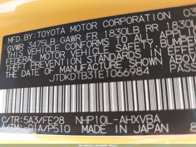 JTDKDTB31E1066984 Toyota Prius C One