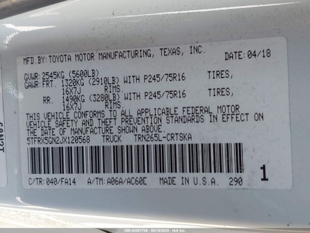 5TFRX5GN2JX120568 Toyota Tacoma Sr