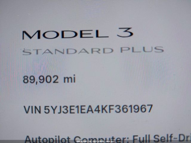 5YJ3E1EA4KF361967 Tesla Model 3 Long Range/mid Range/standard Range/standard Range Plus