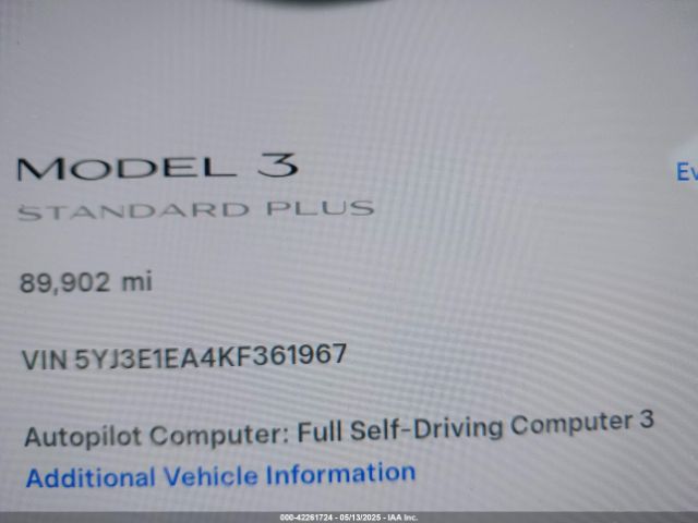 5YJ3E1EA4KF361967 Tesla Model 3 Long Range/mid Range/standard Range/standard Range Plus