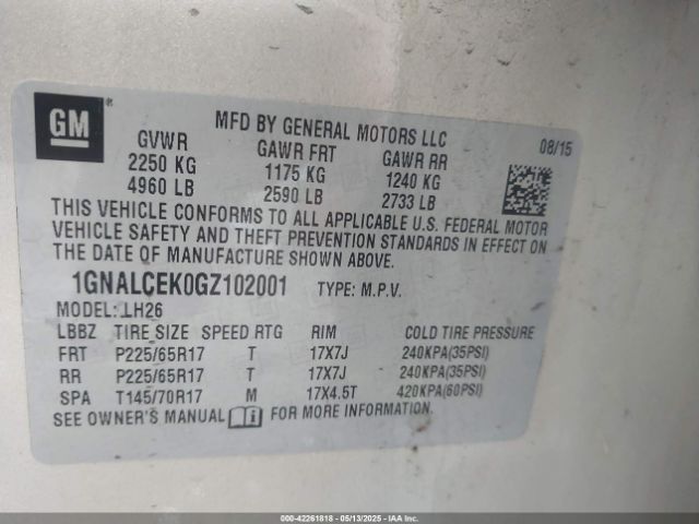 1GNALCEK0GZ102001 Chevrolet EQUINOX LT