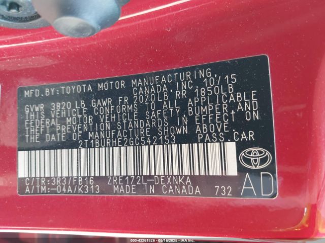2T1BURHE2GC542153 Toyota Corolla Le Plus