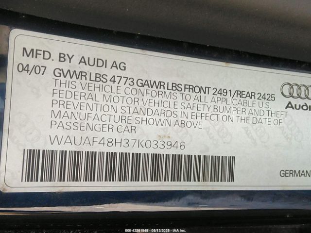 2007 AUDI A4 WAUAF48H37K033946 Photo 8