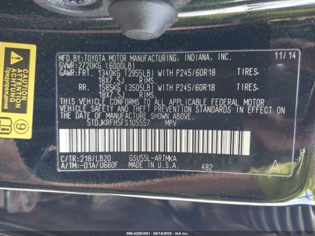 2015 TOYOTA HIGHLANDER 5TDJKRFH5FS105557 Photo 8