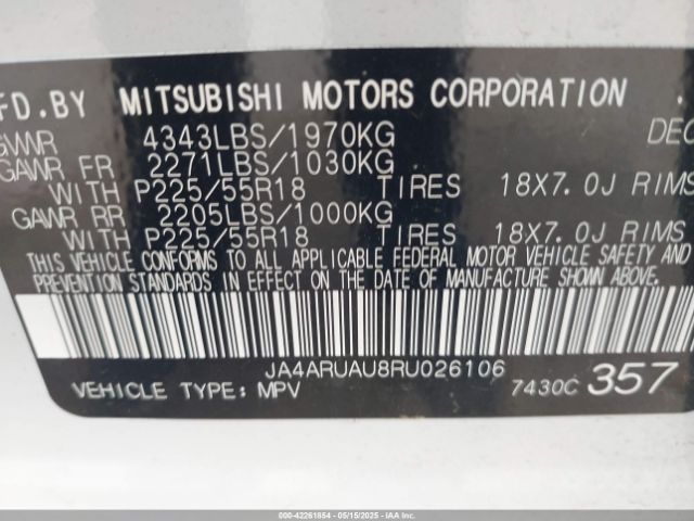 JA4ARUAU8RU026106 Mitsubishi Outlander Sport 2.0 Es Awc/2.0 Le Awc/2.0 Ralliart Awc/2.0 S Awc/2.0 Se Awc/2.0 Trail Edition Awc