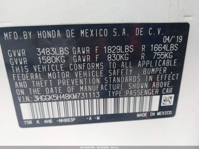 3HGGK5H48KM731113 Honda FIT LX