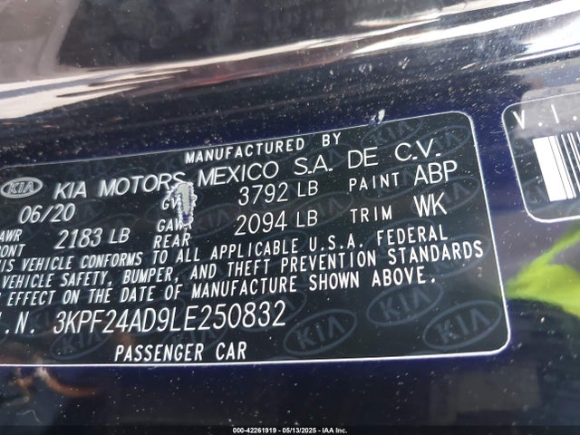 3KPF24AD9LE250832 KIA mpi nu