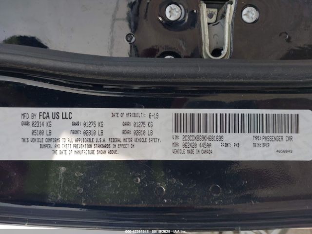 2C3CDXBG9KH681699 Dodge Charger Sxt Rwd