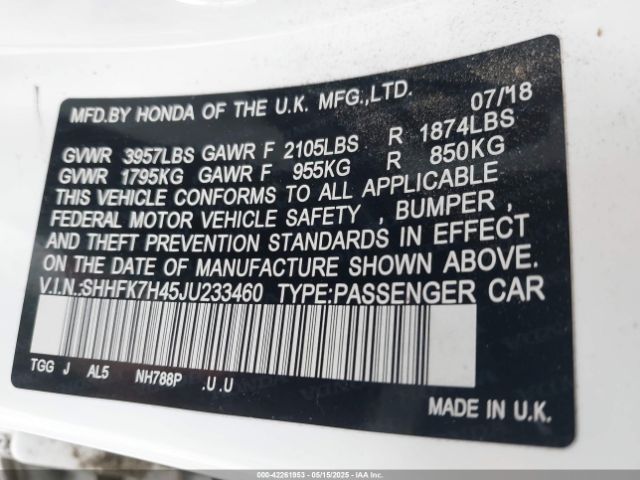 SHHFK7H45JU233460 Honda l15ba