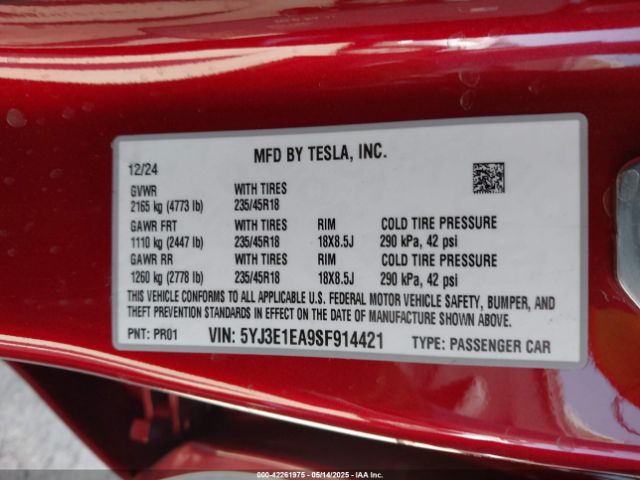 5YJ3E1EA9SF914421 Tesla 2025