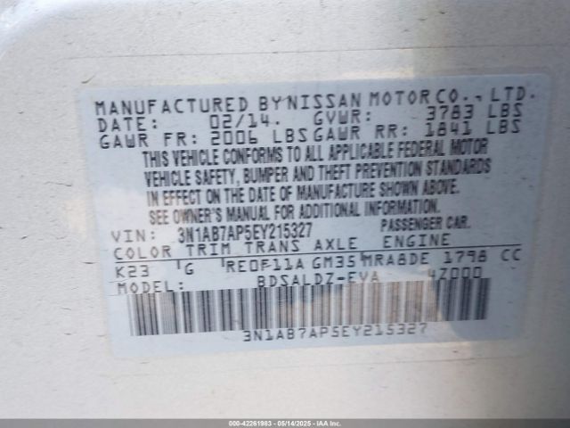 3N1AB7AP5EY215327 Nissan Sentra Fe+ S/fe+ Sv/s/sl/sr/sv