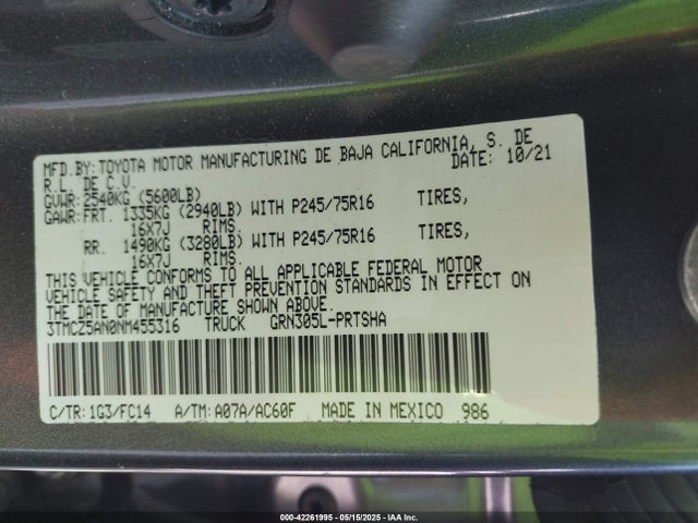 3TMCZ5AN0NM455316 Toyota 2gr-fks