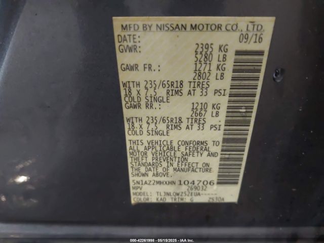 5N1AZ2MHXHN104706 Nissan Murano Platinum/s/sl/sv