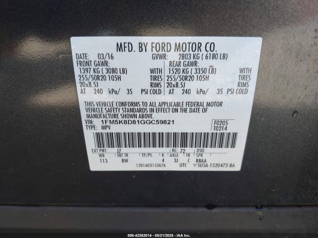 1FM5K8D81GGC59821 Ford 2016