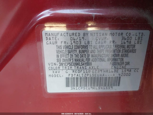 3N1CP5CU9KL541559 Nissan KICKS SV