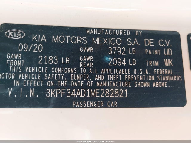 3KPF34AD1ME282821 KIA mpi nu