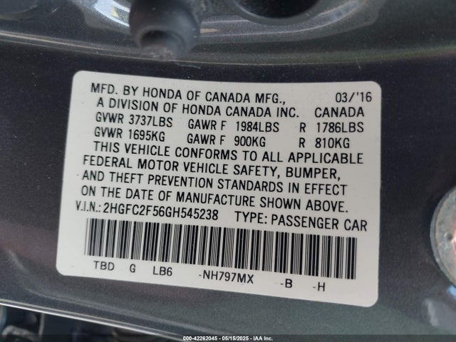 Honda Civic Lx 2016 2HGFC2F56GH545238 Image 9
