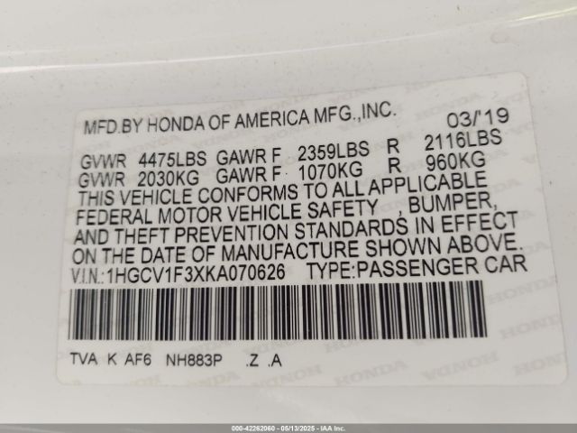 1HGCV1F3XKA070626 Honda Accord Sport