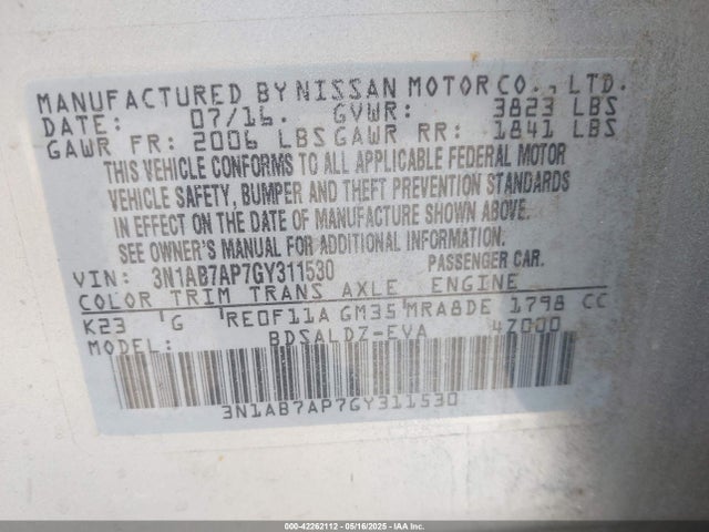 3N1AB7AP7GY311530 Nissan SENTRA SV