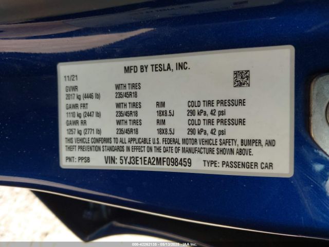 5YJ3E1EA2MF098459 Tesla Model 3 Standard Range Plus Rear-wheel Drive