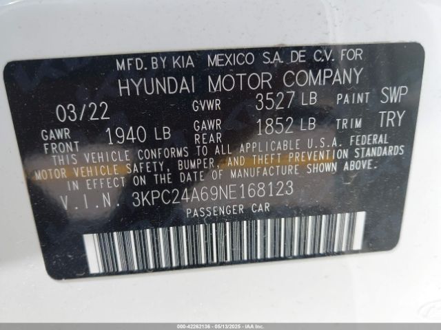 3KPC24A69NE168123 Hyundai ACCENT SE