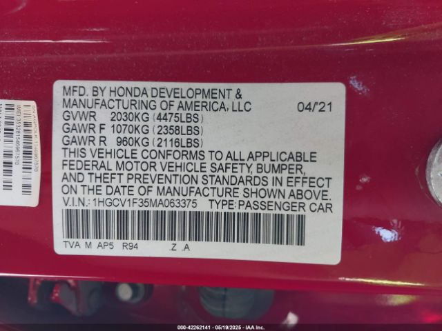 1HGCV1F35MA063375 Honda l15be