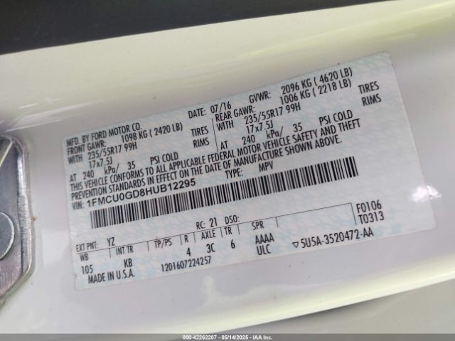 1FMCU0GD8HUB12295 Ford ESCAPE SE