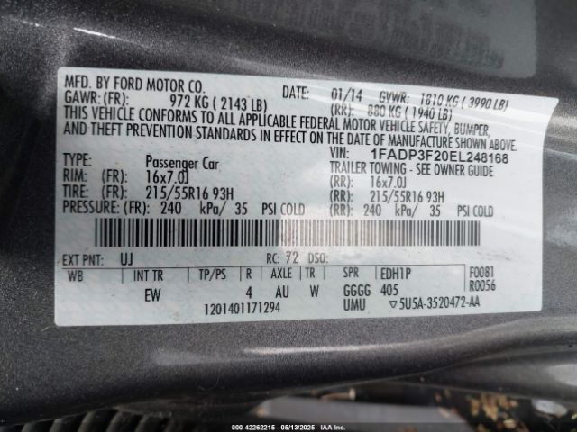 1FADP3F20EL248168 Ford FOCUS SE