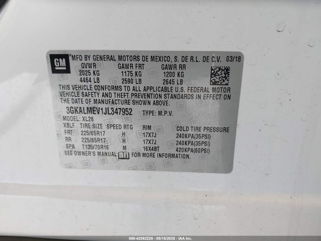 3GKALMEV1JL347952 GMC Terrain Sle