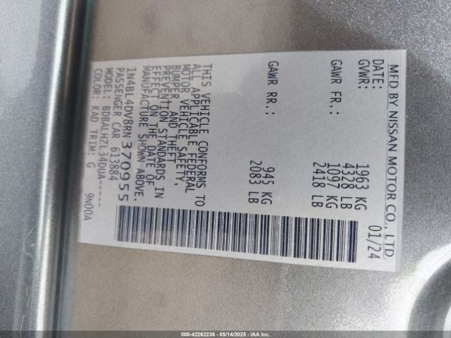 1N4BL4DV8RN370955 Nissan Altima Sv Fwd