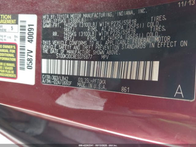 5TDDK3DC8ES076877 Toyota Sienna Xle 7 Passenger